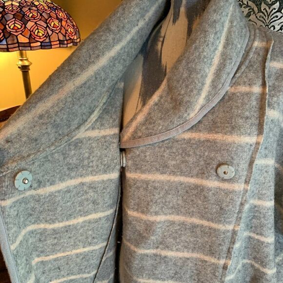 Free People Wool gray and cream strip poncho cape jacket - Picture 3 of 12